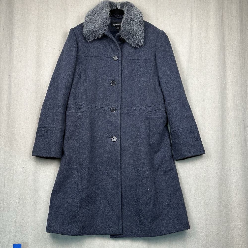 Vtg DonnyBrook | Women's Wool Coat Navy Blue Size 10 M Removable Faux Fur Collar